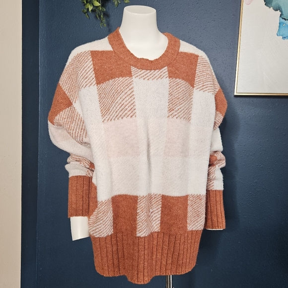 a new day Sweaters - A New Day Plus Size Plaid Crewneck Pullover Sweater - Rust Brown/Pink/Cream